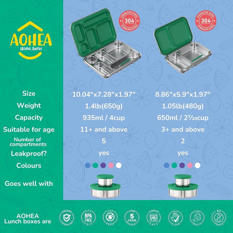 AOHEA Stainless Steel Bento Box Kids, Kids Metal Bento Lunch Box BPA Free Lunch Box Containers 304 Stainless Steel Bento Box for School and Office(Green) - Image 5